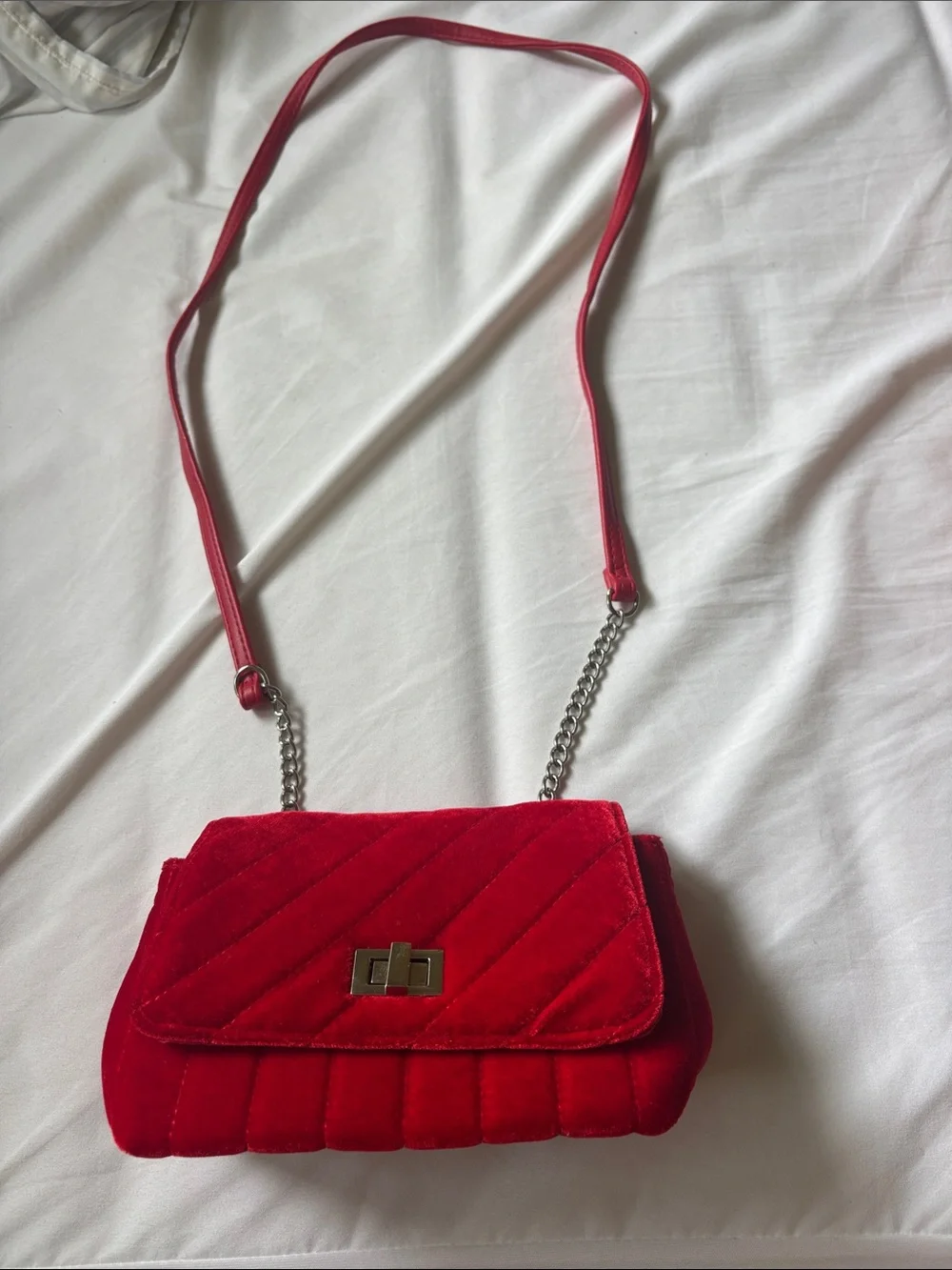Girls Red Velvet Quilted Crossbody Bag with Chain Strap